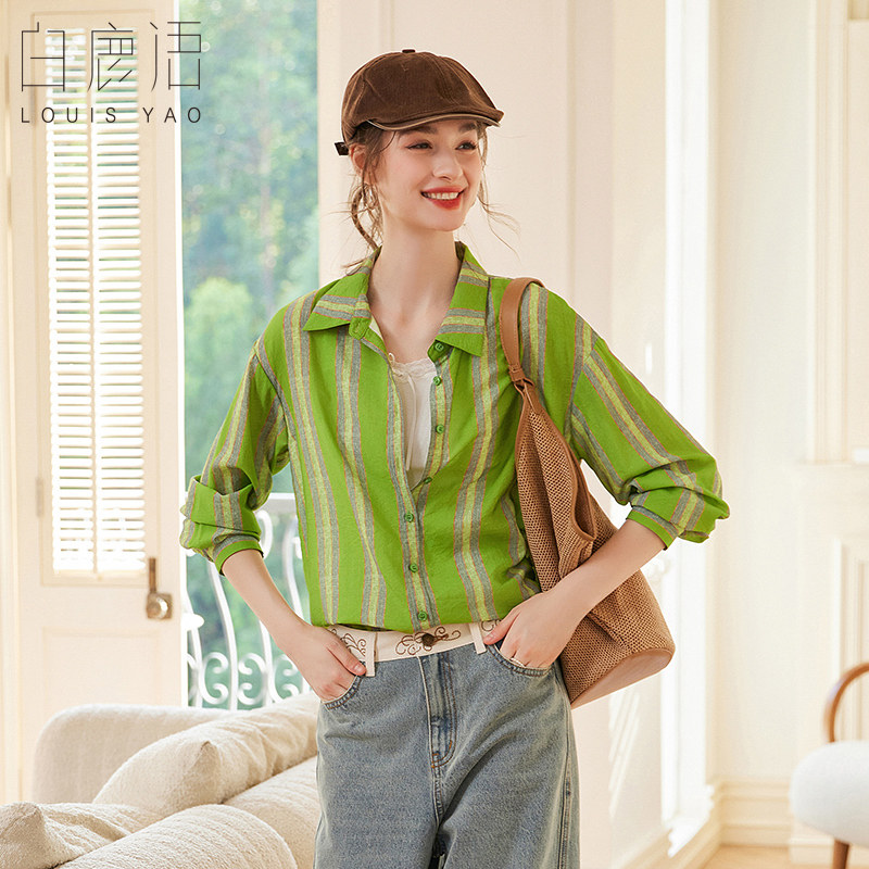 白鹿语港风复古撞色条纹衬衫春秋款高级感慵懒风休闲长袖上衣,女装/女士精品,衬衫,淘宝优惠券,粉丝福利购,淘宝优惠卷