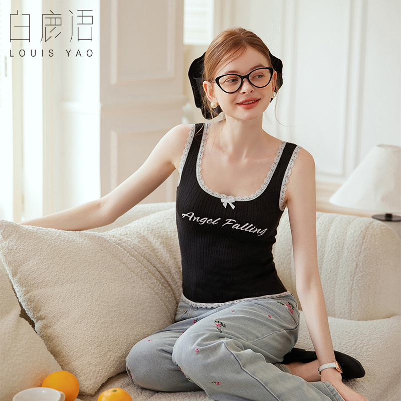 白鹿语时尚花边拼接背心