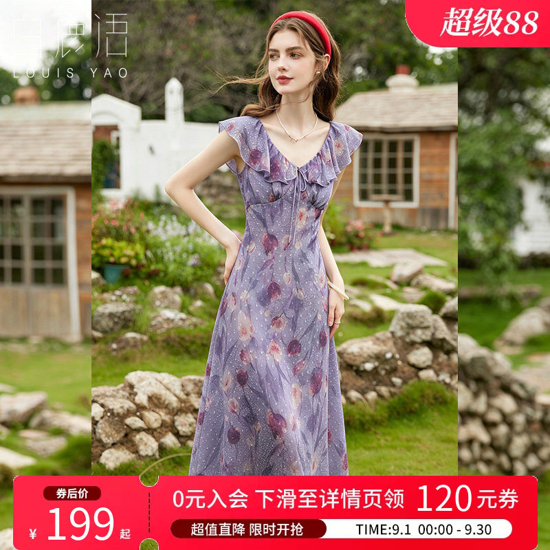 白鹿语法式印花V领连衣裙女图片
