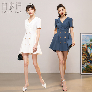 白鹿语御姐风V领短袖连衣裙2023夏新款简约优雅双排扣通勤西装裙