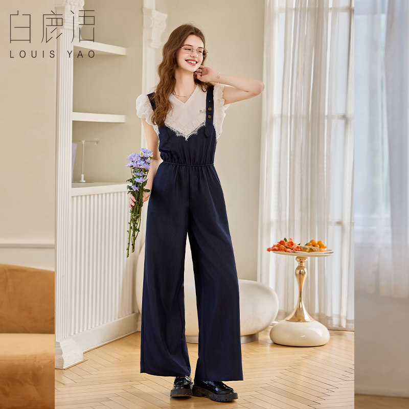 白鹿语设计感蕾丝拼接背带连体裤25年新款时尚百搭显瘦连体衣女