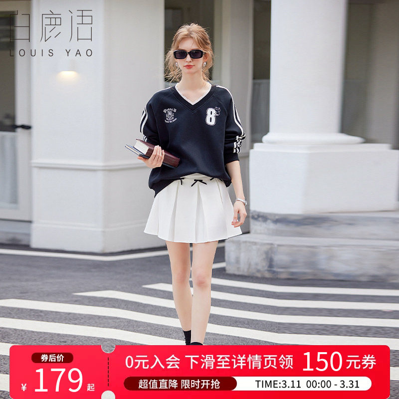 白鹿语甜美蕾丝拼接V领卫衣春款字母印花宽松休闲上衣女