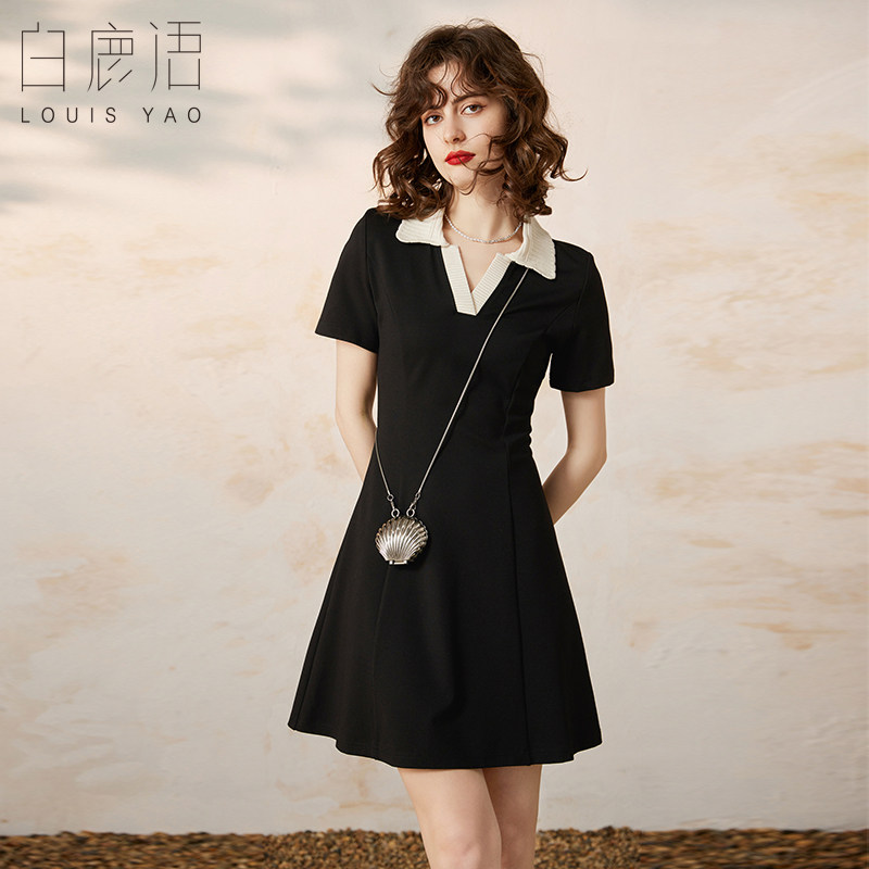 白鹿语撞色V领修身小黑裙夏款气质减龄学院风短袖女式连衣裙