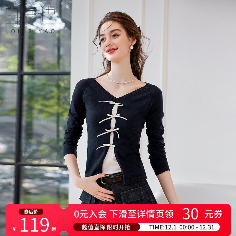 白鹿语V领拼接蝴蝶结针织衫