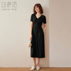 白鹿语时尚气质V领针织裙夏季款压褶修身显瘦简约长款连衣裙黑裙