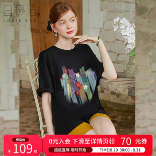 T恤 白鹿语创意圆领印花宽松t恤夏款 时尚 休闲绣花落肩短袖 女式