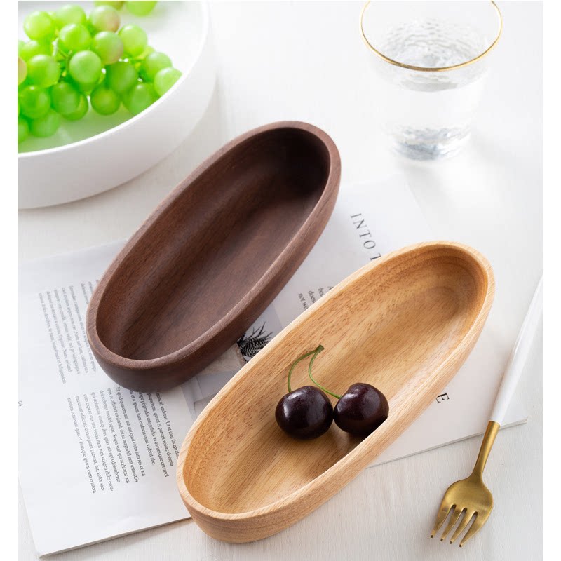 创意实木船型碗中式整木橡胶木磨砂餐具甜点心盘椭圆木碗沙拉碗