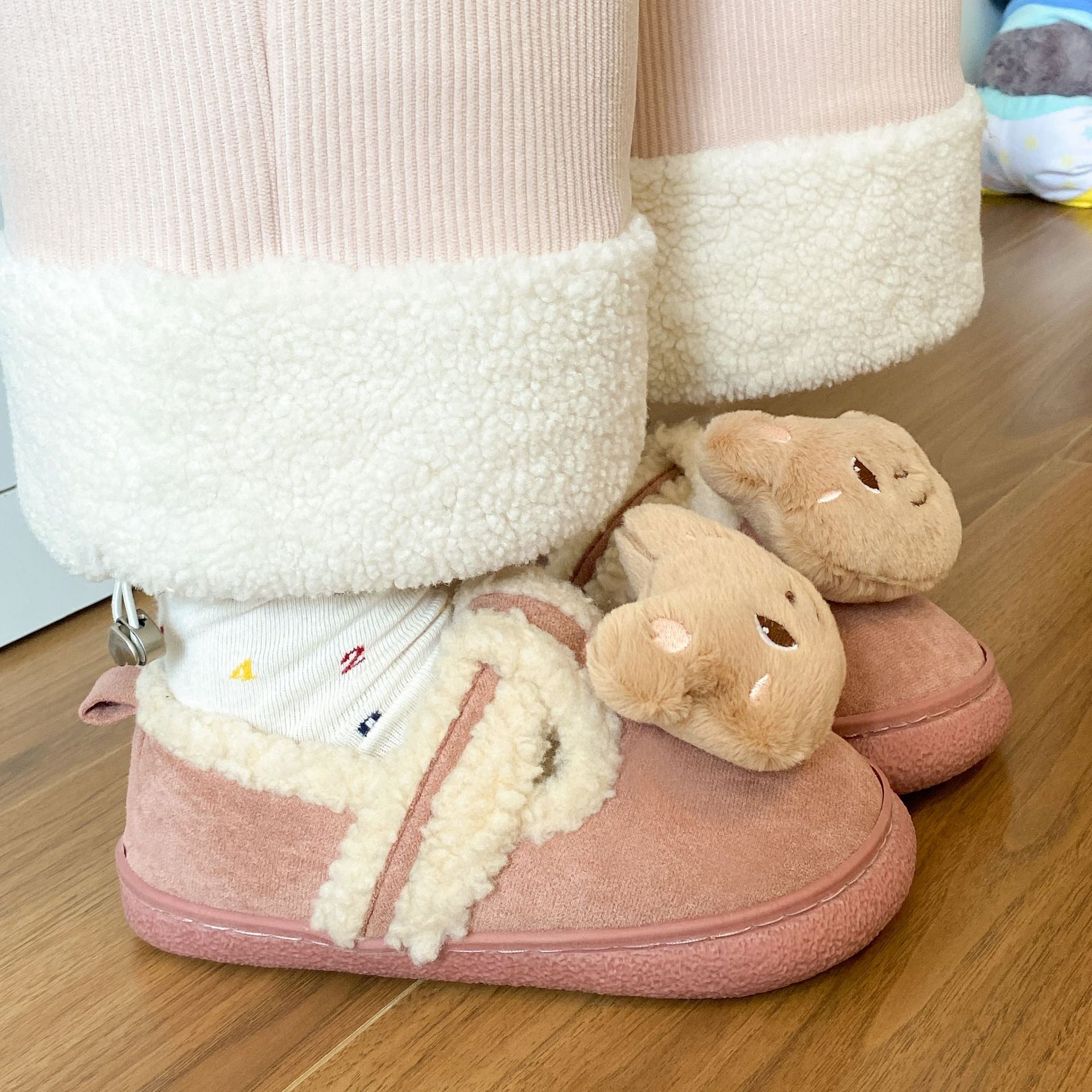 韩国可爱小熊室内防滑外穿包跟棉拖鞋女冬季保暖家居加绒厚底棉鞋
