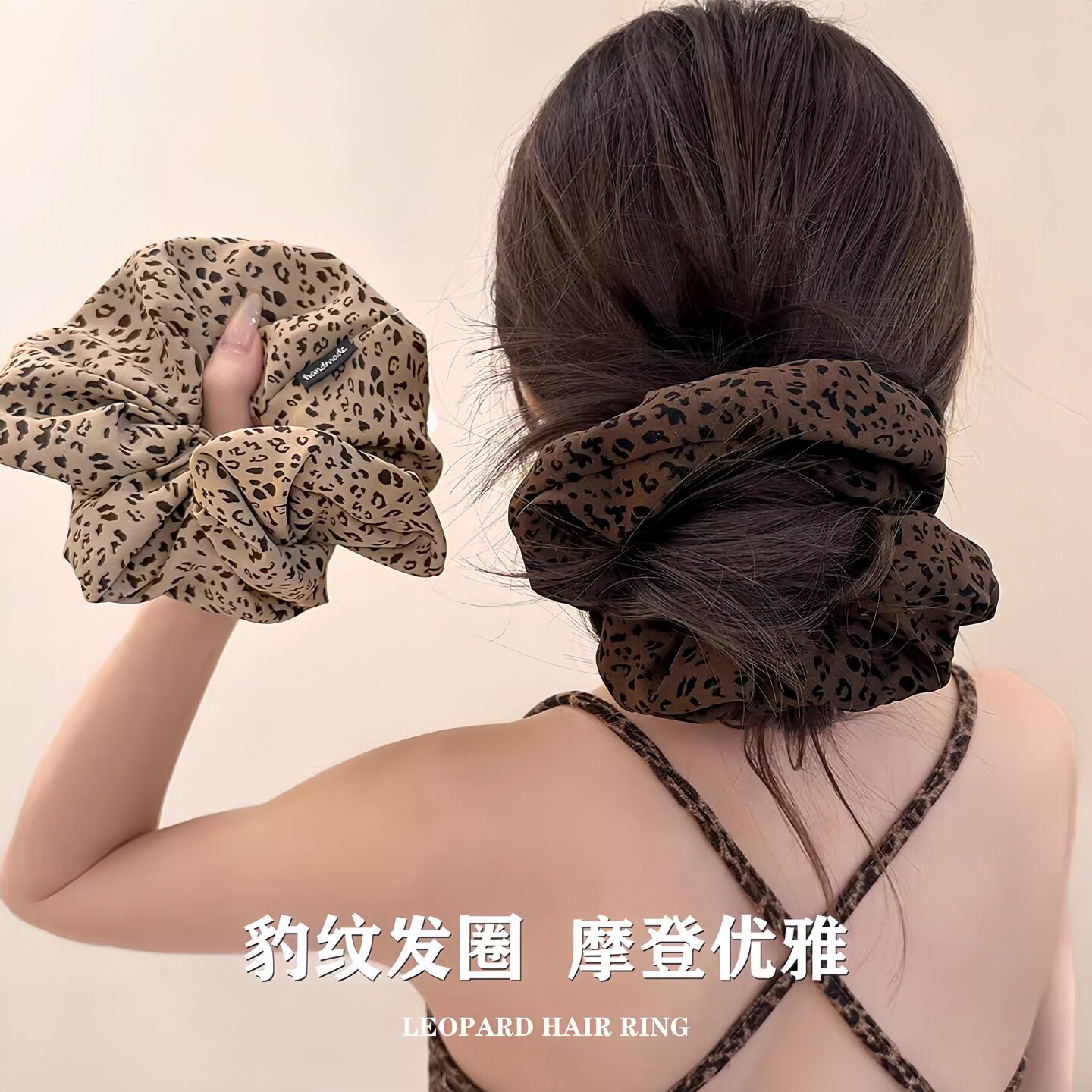 复古豹纹大肠发圈女韩版时髦蝴蝶结高弹力百搭低马尾发饰夏季百搭