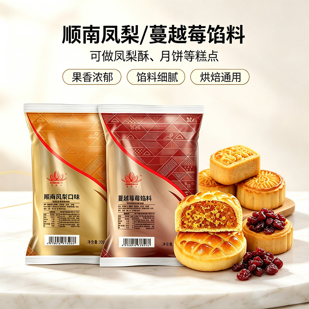 顺南果味月饼馅料凤梨蔓越莓馅广式冰皮月饼烘焙酥饼夹心馅料家用
