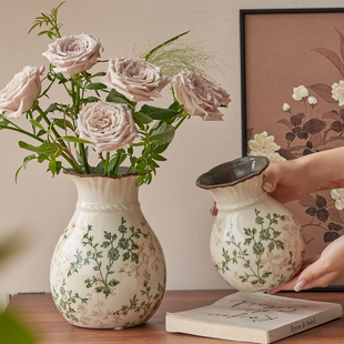 新款繁花冰裂陶瓷花瓶田园风水养玫瑰插花装饰复古创意摆件新中式