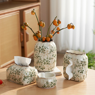 复古繁花陶瓷花瓶冰裂纹摆件纸巾盒烟灰缸创意新中式客厅软装饰品