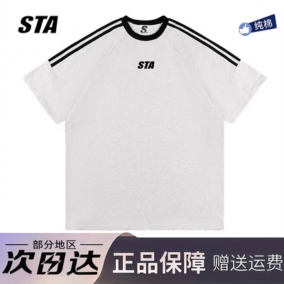 STA旗舰店拼接插肩短袖男女夏季美式潮牌复古重磅纯棉情侣宽松T恤