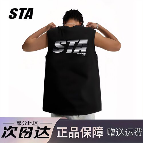 STA旗舰店美式字母印花背心男款潮牌高街重磅纯棉健身篮球无袖t恤