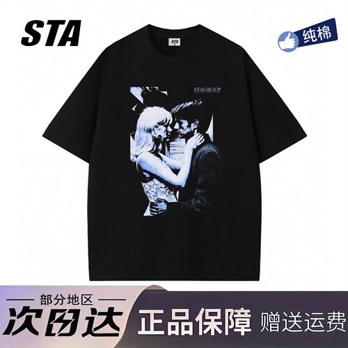 STA旗舰店美式潮牌重磅纯棉短袖男女夏季新款高街复古情侣黑色t恤