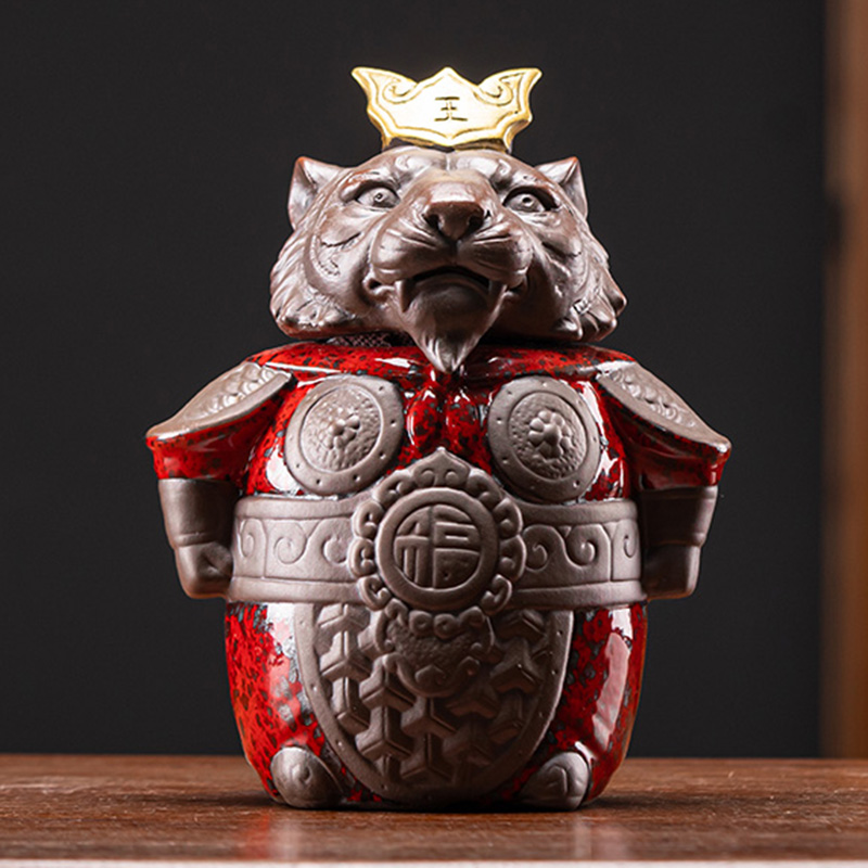 虎年文官武将茶叶罐陶瓷家用中号个性创意摆件储物密封普洱红茶罐