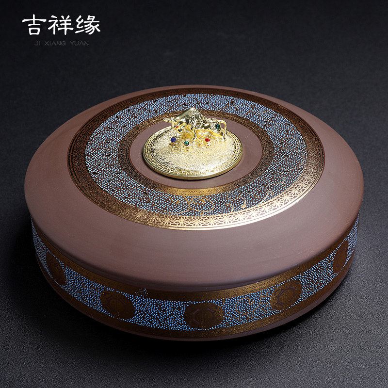 金银饰紫砂普洱茶饼罐大号357克白茶饼盒茶叶木质包装收纳盒送礼