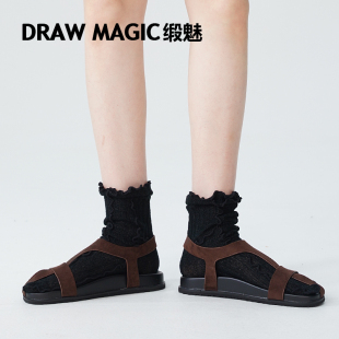 DRAWMAGIC 木耳边袜 缎魅黑色罗马二分趾袜子女短筒中筒袜搭配凉鞋