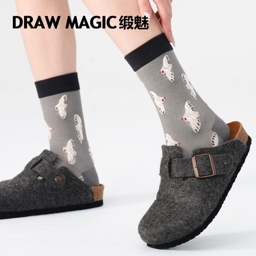秋季森系袜子女款复古浮雕花边百搭配小皮鞋灰色无骨袜秋冬中筒袜