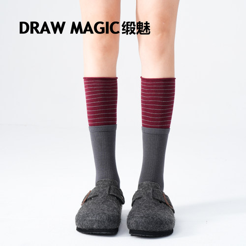 DRAWMAGIC/缎魅袜子女堆堆袜撞色口条纹小腿袜搭配皮鞋春秋款长袜