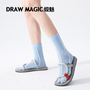 DRAWMAGIC/缎魅蓝色立体条纹二趾袜子女中筒袜春秋款搭配小皮鞋棉