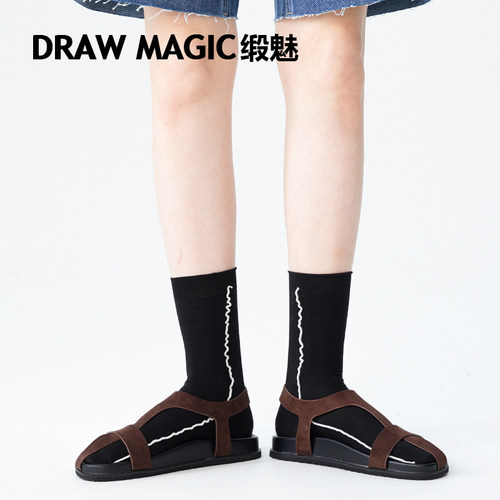 DRAWMAGIC/缎魅袜子女夏季薄款黑色卷边条纹中筒袜ins潮搭配凉鞋