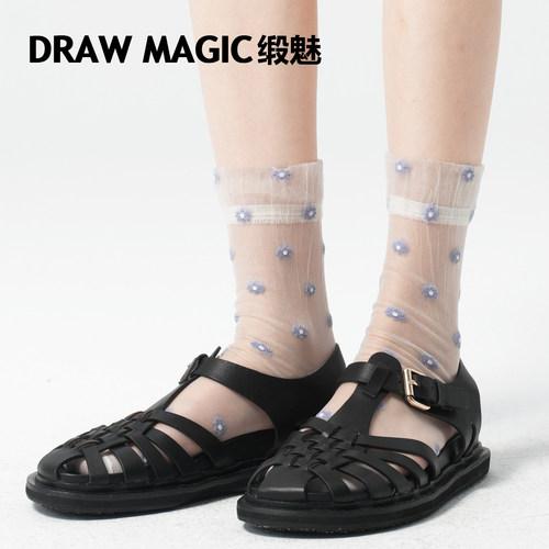 时髦日系小花透明水晶丝玻璃丝袜子女夏季薄款棉底夏天卡丝中筒袜
