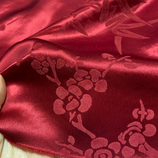进口酒红色植绒醋酸缎布料高端重磅国风旗袍上衣礼服光泽服装面料
