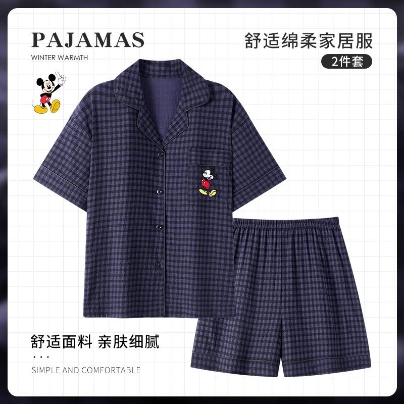 米奇情侣睡衣女款夏季纯棉纱布短袖短裤卡通可爱格子家居服套装男