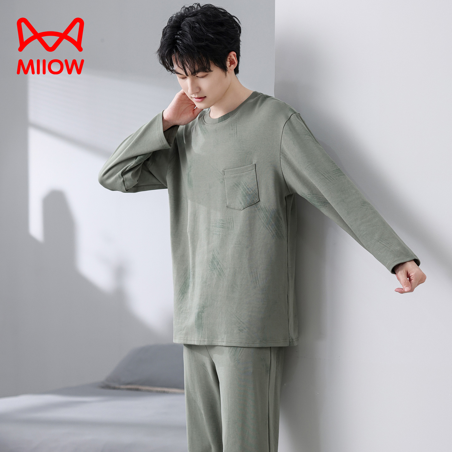 猫人睡衣男款纯棉长袖长裤家居服