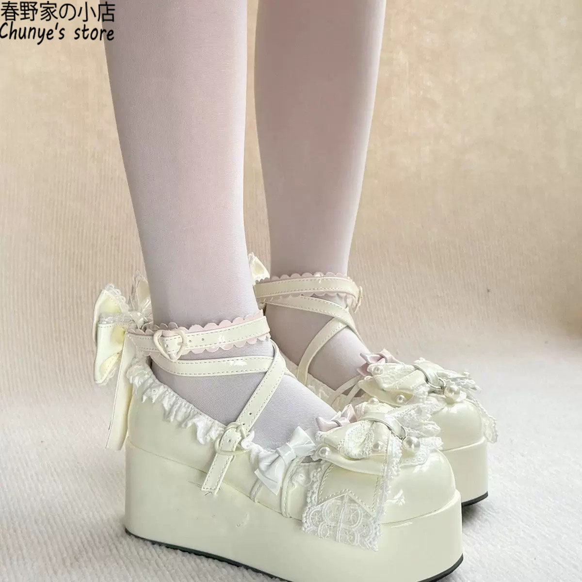 原创正品糖果色Lolita蝴蝶结珍珠蕾丝花边玛丽少女lo厚底小皮鞋女