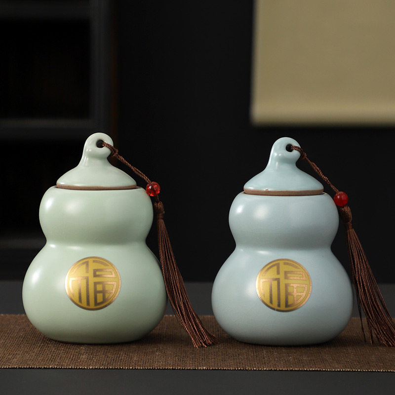 中式金福字葫芦型汝窑茶叶罐开片家用桌面玄关福禄摆件乔迁送礼品,餐饮具,茶叶罐,淘宝优惠券,粉丝福利购,淘宝优惠卷