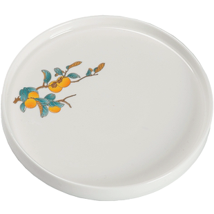 羊脂玉瓷茶盘陶瓷托盘圆形盘柿柿如意国潮壶承杯子收纳盘干泡盘