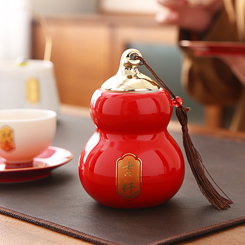 大红色喜庆陶瓷茶叶罐密封防潮高档国潮茶桌摆件葫芦罐子茶叶包装