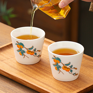国潮柿柿如意羊脂玉白瓷茶杯功夫主人喝茶品茗杯子家用客人喝水杯