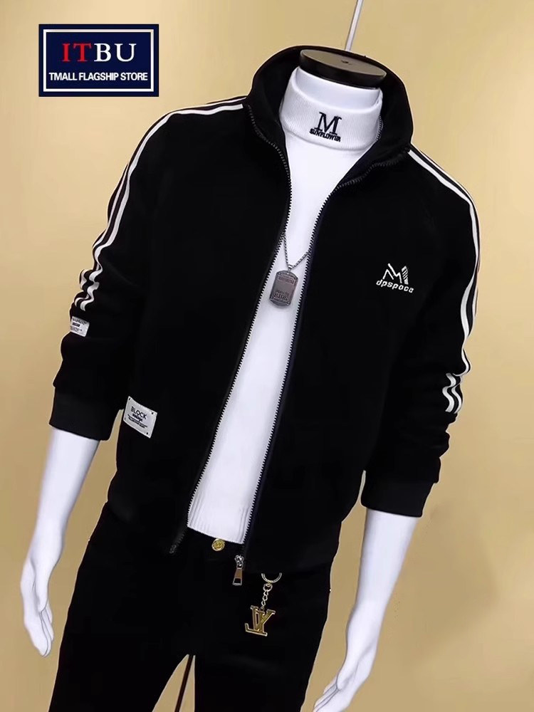 高端外套男士春秋冬季2025新款加绒男装韩版修身条纹立领夹克男款