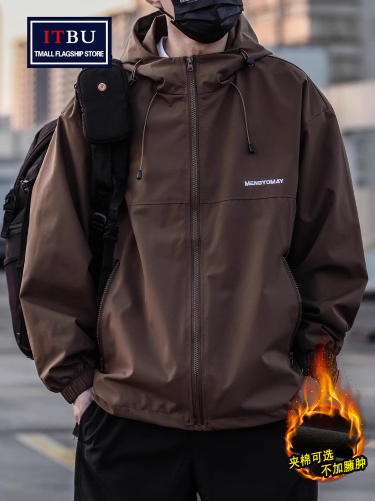 连帽冲锋衣外套男士春秋季2025新款美式工装夹克冬季保暖棉服男款