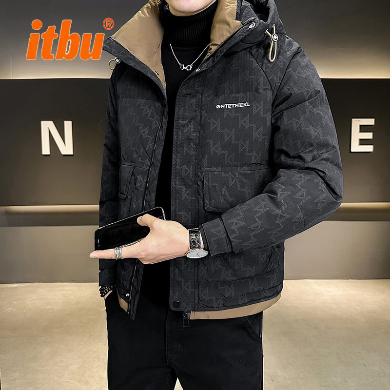 高端连帽男羽绒服外套男士2025新款冬季加厚暗花夹克冬装棉服男款