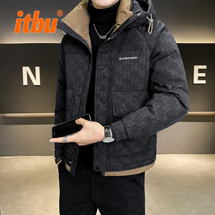 高端连帽男羽绒服外套男士2025新款冬季加厚暗花夹克冬装棉服男款