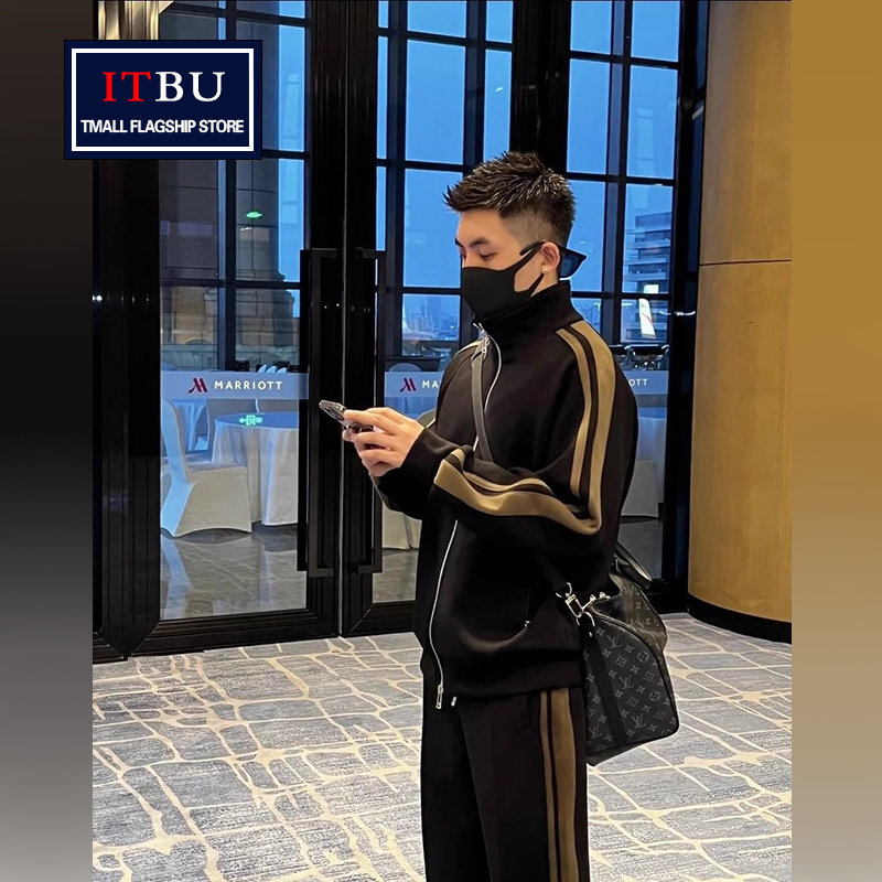 休闲运动套装男士2025年新款春秋冬季条纹拼色立领外套男款两件套