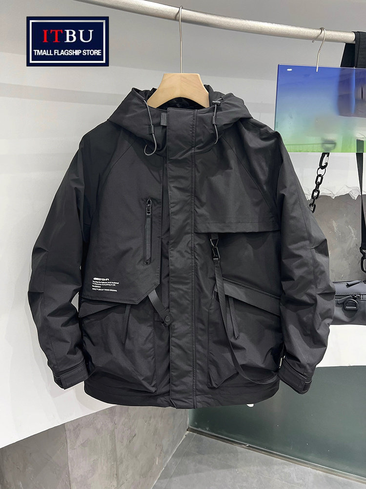 连帽冲锋衣男士外套2025年新款春秋冬季加厚保暖工装夹克棉服男款