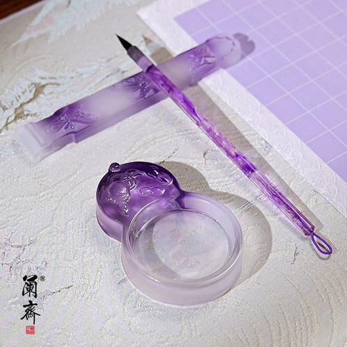 笔墨纸砚写毛笔字墨蝶墨盘笔搁墨汁笔舔砚台镇尺文房四宝笔洗书法用品琉璃水晶玻璃墨碟墨盒国风送礼雅物