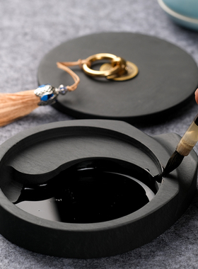 火锅砚台不干墨歙砚文房四宝文具书法用品4寸带盖墨海墨条墨碟初学者笔墨纸砚歙县5寸6寸学生墨蝶小砚台带盖