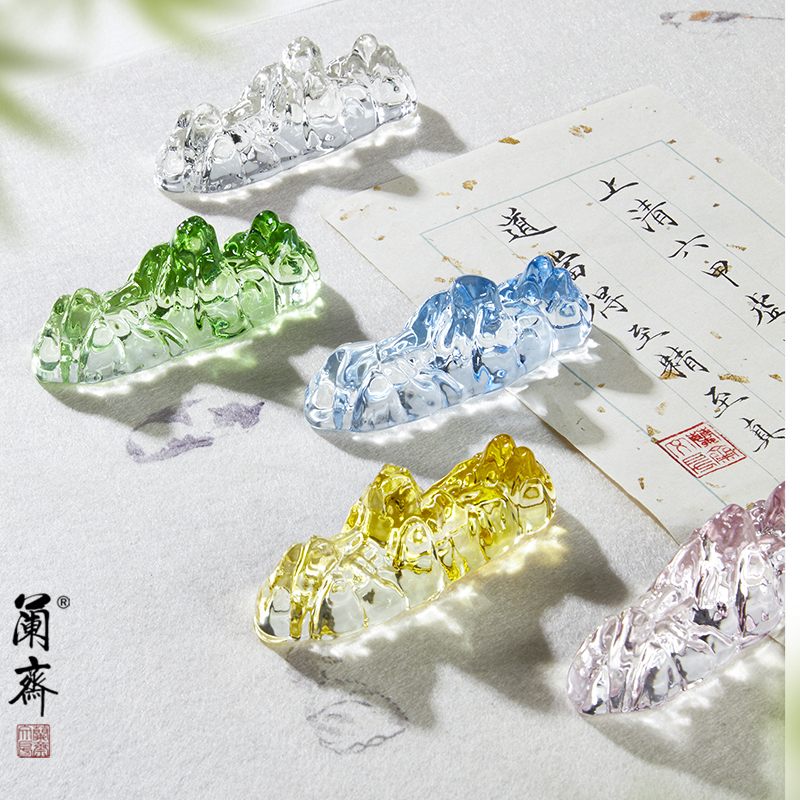 兰斋琉璃水晶笔搁笔山书法专用镇纸镇尺搁笔毛笔架笔托创意多彩山川笔搁文房四宝摆件笔架