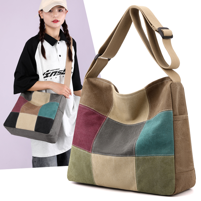 潮不儿拼接帆布通勤大包