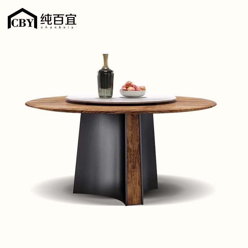 南美黑胡桃木餐桌椅组合轻奢意式高级感设计师家俱实木大圆桌新款