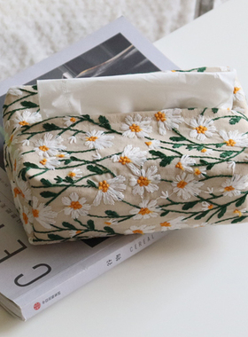 小雏菊纸巾盒田园风茶几台式抽纸盒北欧布艺黑色蓝色长方形收纳盒