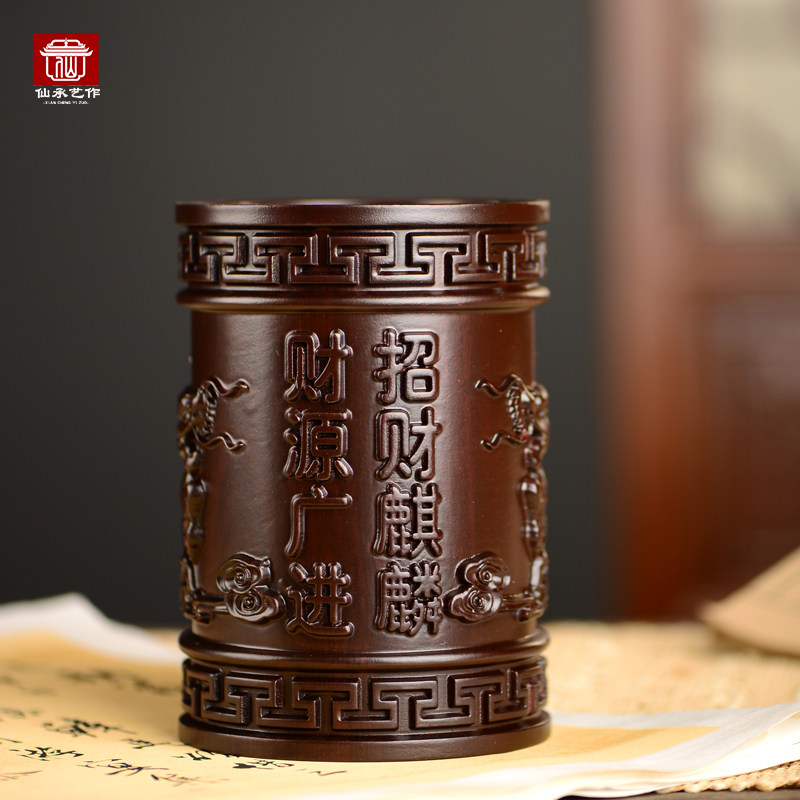 黑檀木雕麒麟笔筒工艺品办公室书桌家居客厅木质笔筒摆件送礼