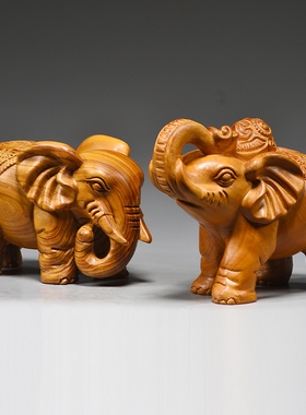 香樟木雕大象摆件家居办公室玄关装饰一对木象工艺品开业新居送礼