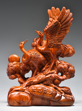 花梨木雕刻松鹤延年摆件